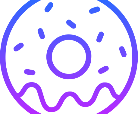Stilisiertes Icon eines Donuts mit blau-violetten Outlines. Der Donut hat einen Guss mit Streuseln.